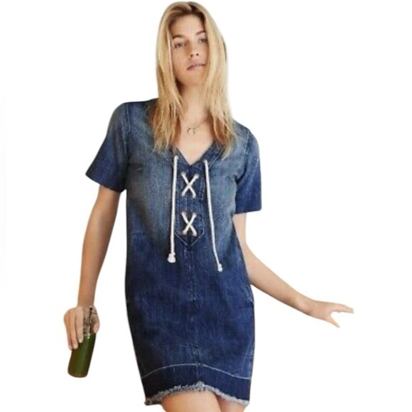 Mark Nautical Rope Tie Design MIDI Short Sleeve Denim Dress With Pockets - Picture 1 of 11